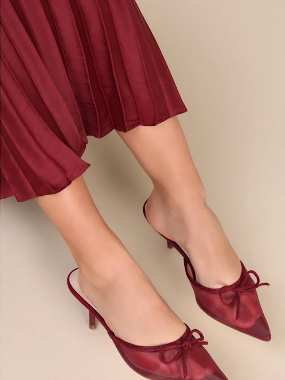 Lulu's Burgundy Pointed-Toe Slingback Mules with Bow